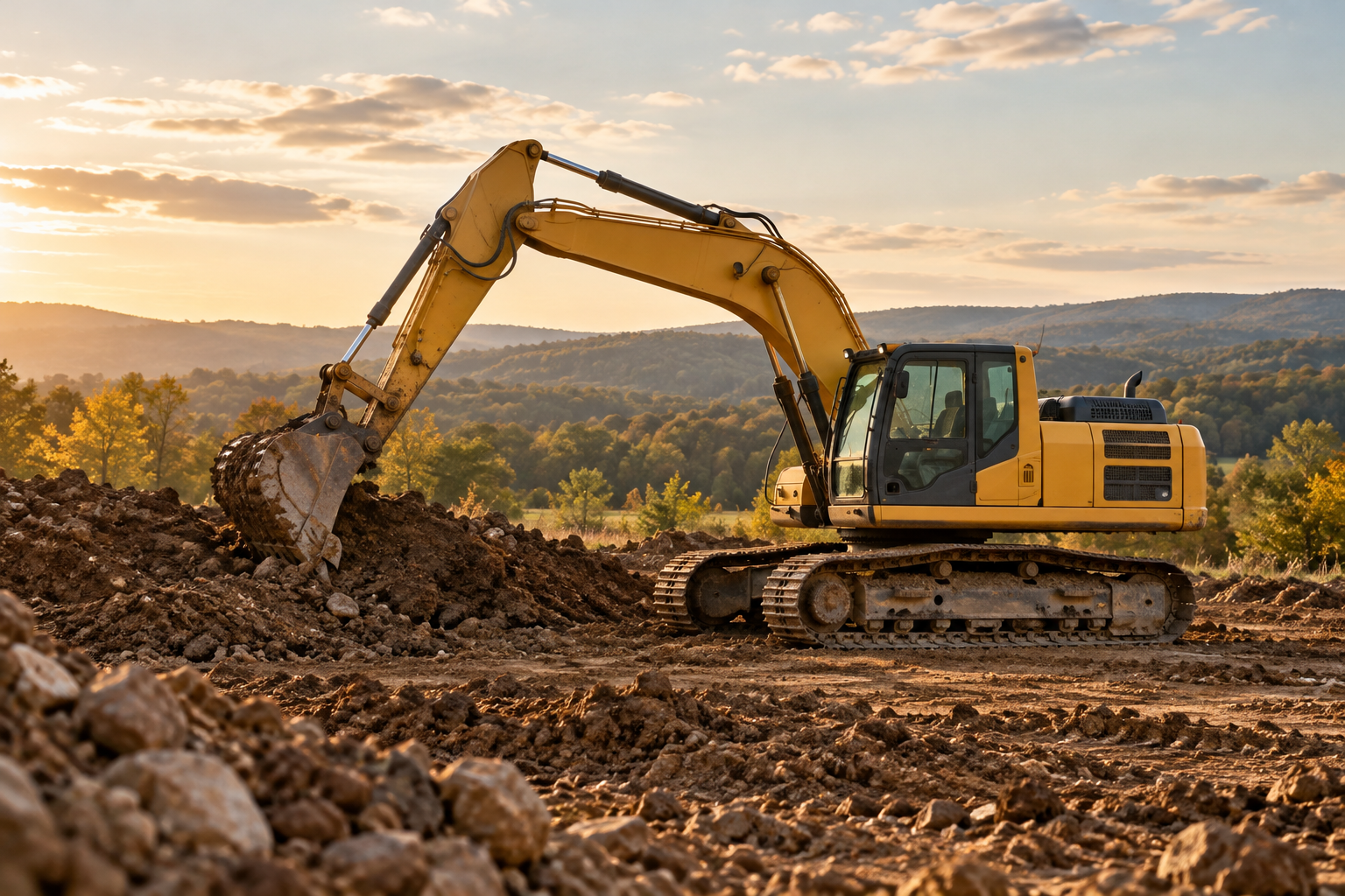 An excavator at a construction site in warm afternoon light